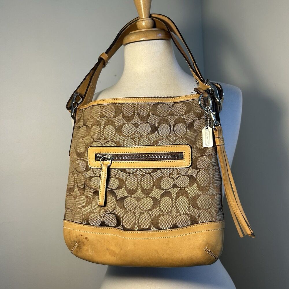 Vintage Coach Signature Jacquard Hobo Y2K Brown & Beige Crossbody Shoulder Bag